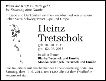 Traueranzeige von Heinz Tretschok von Mitteldeutsche Zeitung Halle/Saalkreis