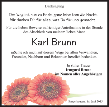 Traueranzeige von Karl Brunn von Mitteldeutsche Zeitung Sangerhausen