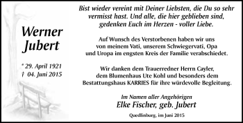 Traueranzeige von Werner Jubert von WVG - Wochenspiegel Quedlinburg