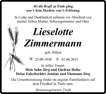 Traueranzeige von Lieselotte Zimmermann von Super Sonntag Quedlinburg