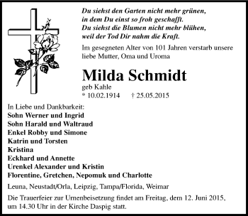 Traueranzeige von Milda Schmidt von Mitteldeutsche Zeitung Merseburg/Querfurt