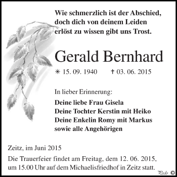 Traueranzeige von Gerald Bernhard von Super Sonntag Zeitz