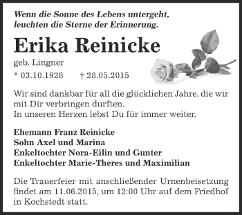 Traueranzeige von Erika Reinicke von WVG - Wochenspiegel Dessau / Köthen