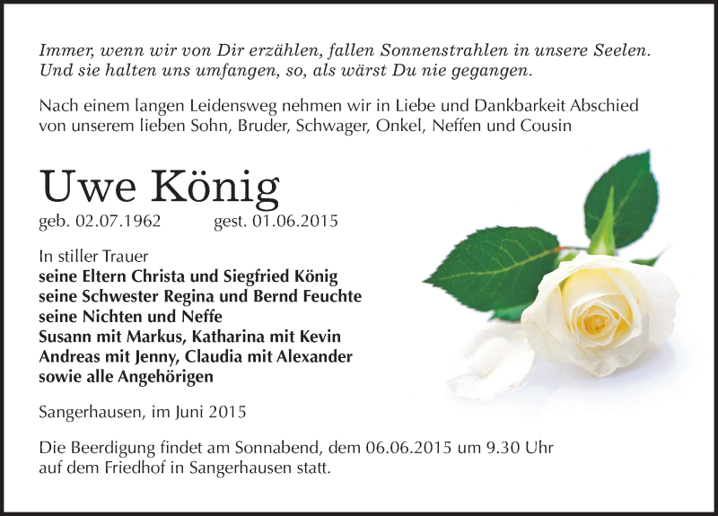 Traueranzeige für Uwe König vom 03.06.2015 aus Mitteldeutsche Zeitung Sangerhausen