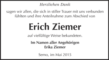 Traueranzeige von Erich Ziemer von Super Sonntag Wittenberg