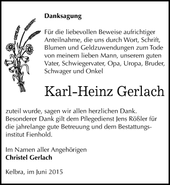 Traueranzeige von Karl-Heinz Gerlach von Mitteldeutsche Zeitung Sangerhausen