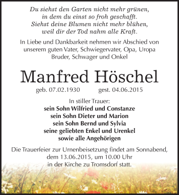 Traueranzeige von Manfred Höschel von Mitteldeutsche Zeitung Naumburg/Nebra