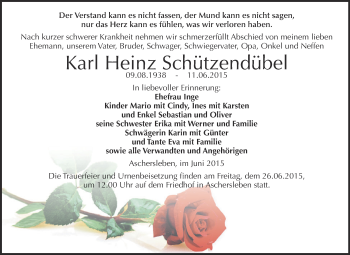 Traueranzeige von Karl Heinz Schützendübel von Super Sonntag Aschersleben