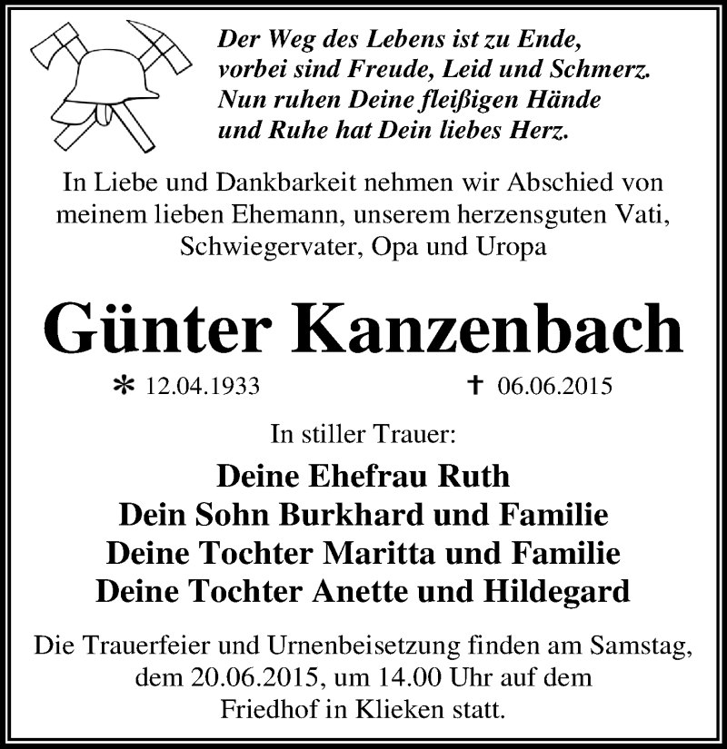  Traueranzeige für Günter Kanzenbach vom 10.06.2015 aus Mitteldeutsche Zeitung