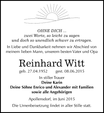 Traueranzeige von Reinhard Witt von Mitteldeutsche Zeitung Wittenberg