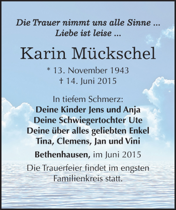 Traueranzeige von Karin Mückschel von Mitteldeutsche Zeitung Zeitz