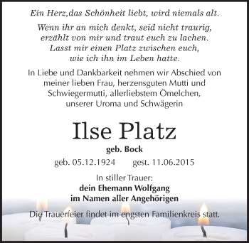 Traueranzeige von Ilse Platz von Mitteldeutsche Zeitung Dessau-Roßlau