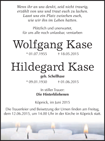 Traueranzeige von Hildegard und Wolfgang Kase von WVG - Wochenspiegel Wittenberg