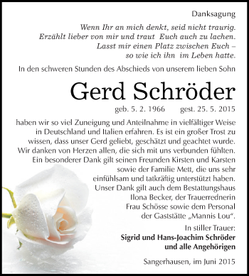Traueranzeige von Gerd Schröder von Super Sonntag SGH Mansf. Land