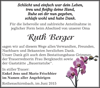 Traueranzeige von Ruth Berger von Wochenspiegel Mansfelder Land