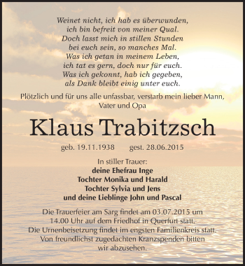 Traueranzeige von Klaus Trabitzsch von Mitteldeutsche Zeitung Merseburg/Querfurt