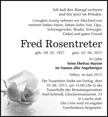 Traueranzeige von Fred Rosentreter von Mitteldeutsche Zeitung Naumburg/Nebra