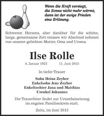 Traueranzeige von Ilse Rolle von Super Sonntag Zeitz