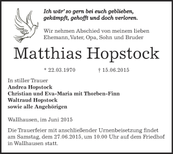 Traueranzeige von Matthias Hopstock von Super Sonntag SGH Mansf. Land