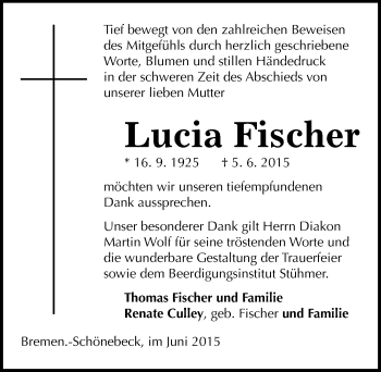 Traueranzeige von Lucia Fischer von Mitteldeutsche Zeitung Naumburg/Nebra