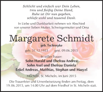 Traueranzeige von Margarete Schmidt von WVG - Wochenspiegel Merseburg