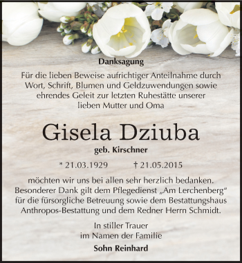 Traueranzeige von Gisela Dziuba von Mitteldeutsche Zeitung Wittenberg