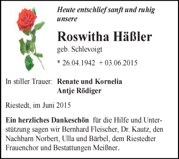 Traueranzeige von Roswitha Häßler von Super Sonntag SGH Mansf. Land