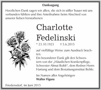 Traueranzeige von Charlotte Fedelinski von WVG - Wochenspiegel Merseburg