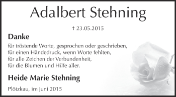 Traueranzeige von Adalbert Stehning von Super Sonntag Bernburg
