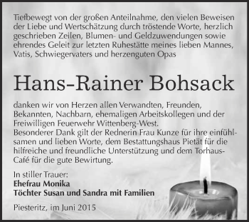 Traueranzeige von Hans-Rainer Bohsack von Super Sonntag Wittenberg