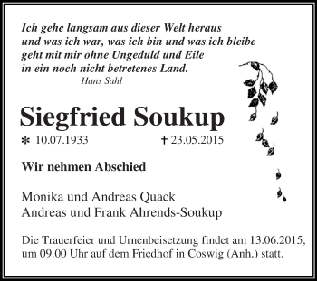 Traueranzeige von Siegfried Soukup von WVG - Wochenspiegel Dessau / Köthen