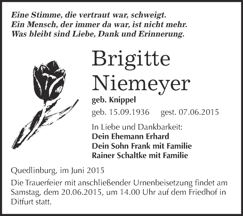  Traueranzeige für Brigitte Niemeyer vom 14.06.2015 aus WVG - Wochenspiegel Quedlinburg