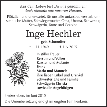 Traueranzeige von Inge Hechler von Super Sonntag Quedlinburg