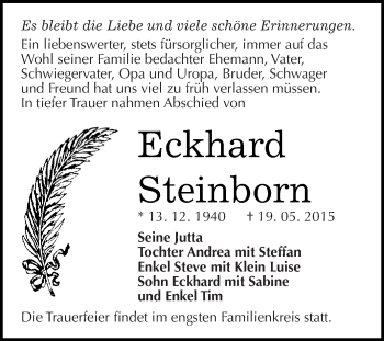 Traueranzeige von Eckhard Steinborn von WVG - Wochenspiegel Dessau / Köthen