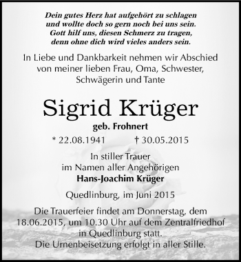 Traueranzeige von Sigrid Krüger von Mitteldeutsche Zeitung Quedlinburg