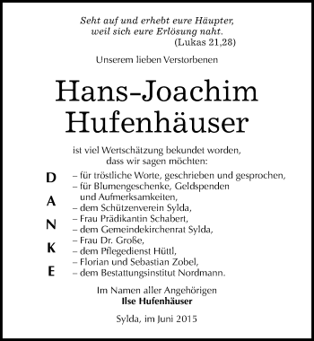 Traueranzeige von Hans-Joachim Hufenhäuser von Mitteldeutsche Zeitung Mansfelder Land