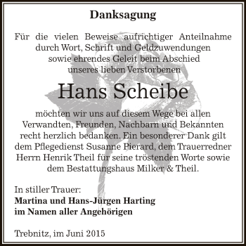 Traueranzeige von Hans Scheibe von Super Sonntag Zeitz