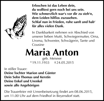 Traueranzeige von Maria Anton von Mitteldeutsche Zeitung Bitterfeld