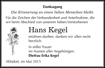 Traueranzeige von Hans Kegel von Mitteldeutsche Zeitung Mansfelder Land