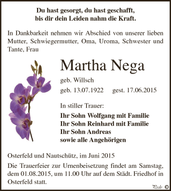 Traueranzeige von Martha Nega von Super Sonntag Zeitz