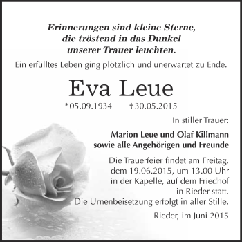 Traueranzeige von Eva Leue von WVG - Wochenspiegel Quedlinburg