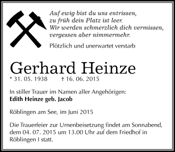Traueranzeige von Gerhard Heinze von Mitteldeutsche Zeitung Mansfelder Land
