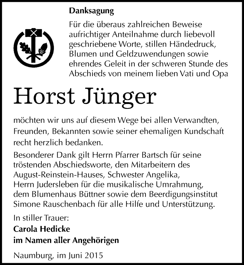  Traueranzeige für Horst Jünger vom 13.06.2015 aus Mitteldeutsche Zeitung Naumburg/Nebra