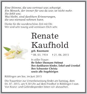 Traueranzeige von Renate Kaufhold von Mitteldeutsche Zeitung Mansfelder Land