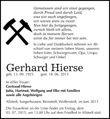 Traueranzeige von Gerhard Hierse von Mitteldeutsche Zeitung Sangerhausen
