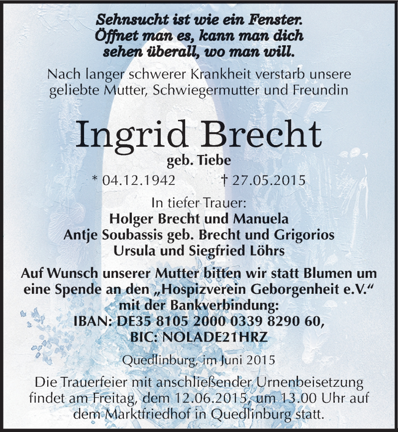  Traueranzeige für Ingrid Brecht vom 06.06.2015 aus Mitteldeutsche Zeitung Quedlinburg