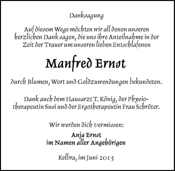 Traueranzeige von Manfred Ernst von Mitteldeutsche Zeitung Sangerhausen