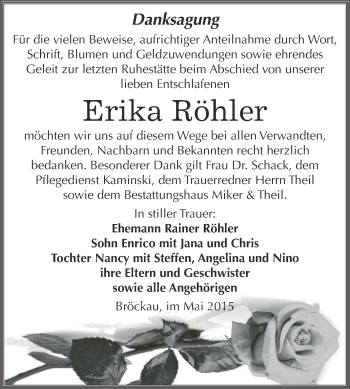 Traueranzeige von Erika Röhler von Super Sonntag Zeitz