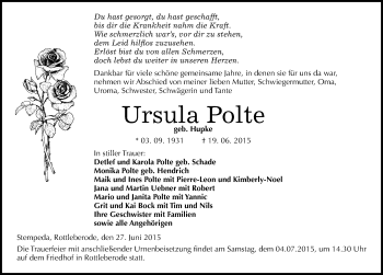 Traueranzeige von Ursula Polte von Mitteldeutsche Zeitung Sangerhausen