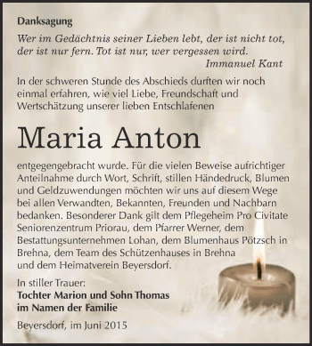 Traueranzeige von Maria Anton von WVG - Wochenspiegel Bitterfeld